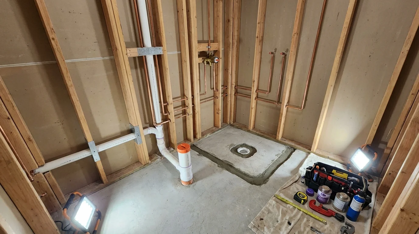 Bathroom rough-in plumbing during remodel by Johns Plumbing LLC in Libby