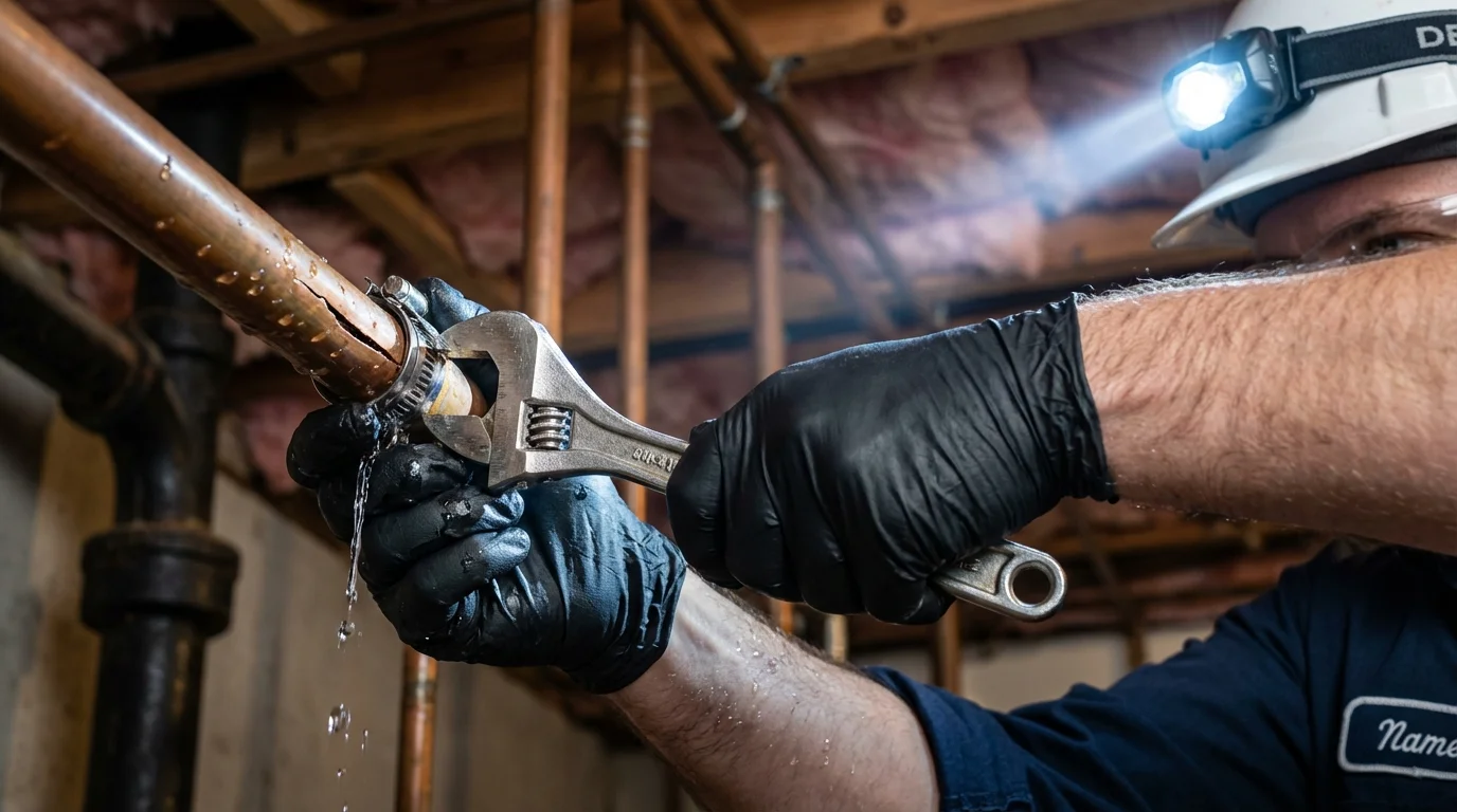 Emergency pipe clamp repair being performed by a Johns Plumbing LLC plumber in Libby