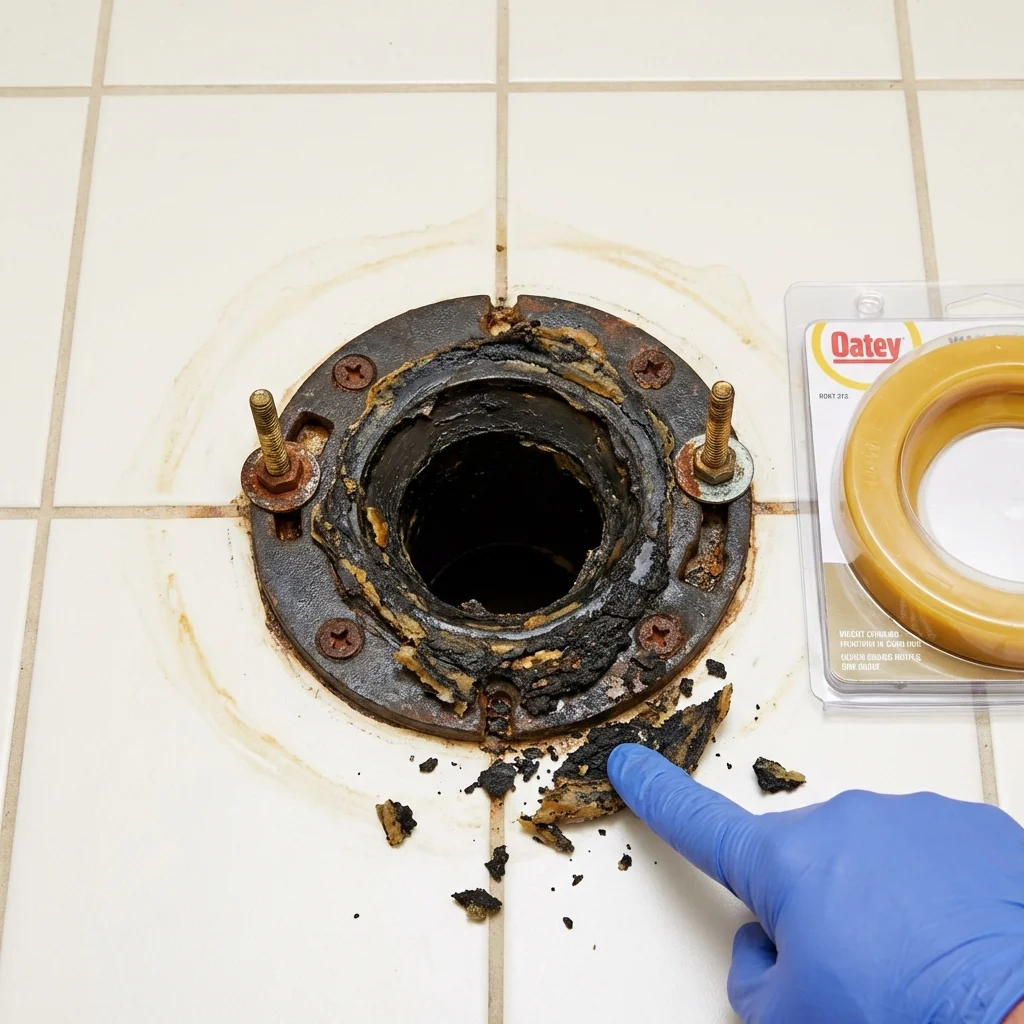 Failed wax ring showing water seepage at the base of a toilet in a Libby, MT home